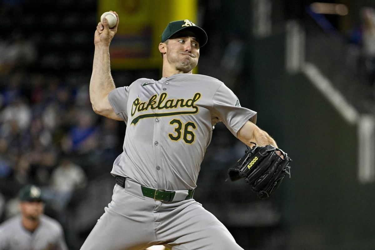 Apr 10, 2024; Arlington, Texas, USA; Oakland Athletics starting pitcher Ross Stripling (36) pitches against the Texas Rangers during the first inning at Globe Life Field.