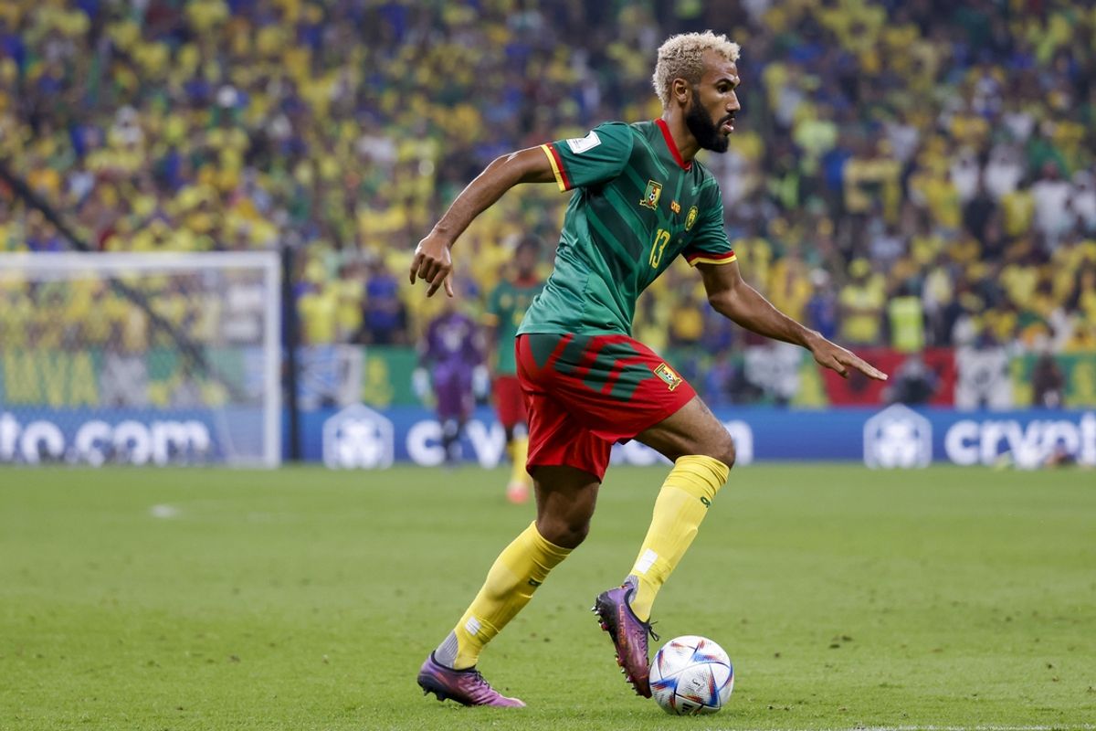 Dec 2, 2022; Lusail, Qatar; Cameroon forward Eric Maxim Choupo-Moting (13) controls the ball against Brazil in the second half during a group stage match during the 2022 World Cup at Lusail Stadium. Mandatory Credit: Yukihito Taguchi-Imagn Images