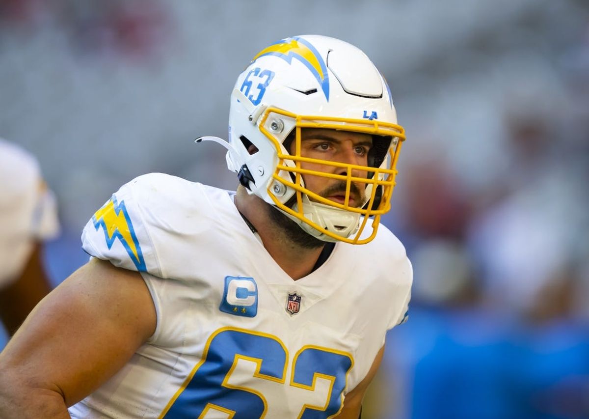 Nov 27, 2022; Glendale, Arizona, USA; Los Angeles Chargers center Corey Linsley (63) against the Arizona Cardinals at State Farm Stadium. Mandatory Credit: Mark J. Rebilas-USA TODAY Sports
