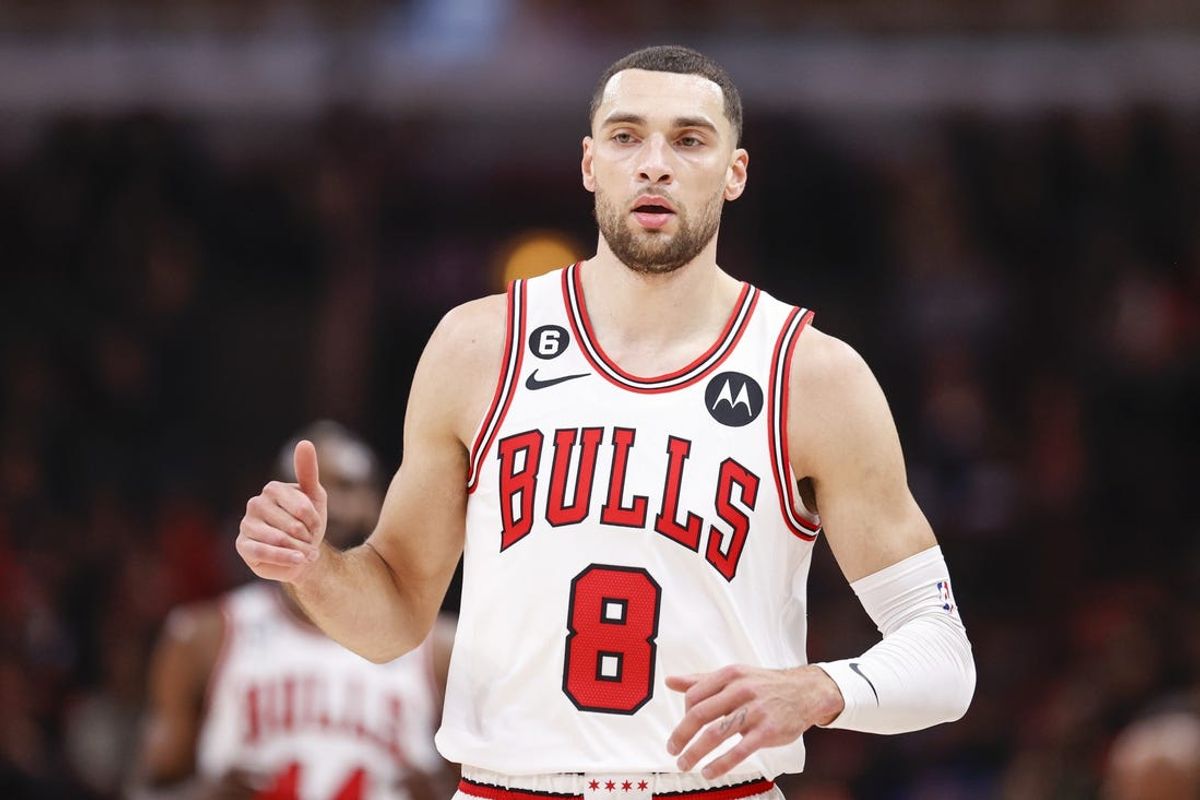 Dec 7, 2022; Chicago, Illinois, USA; Chicago Bulls guard Zach LaVine (8) reacts after scoring against the Washington Wizards during the first half at United Center. Mandatory Credit: Kamil Krzaczynski-USA TODAY Sports