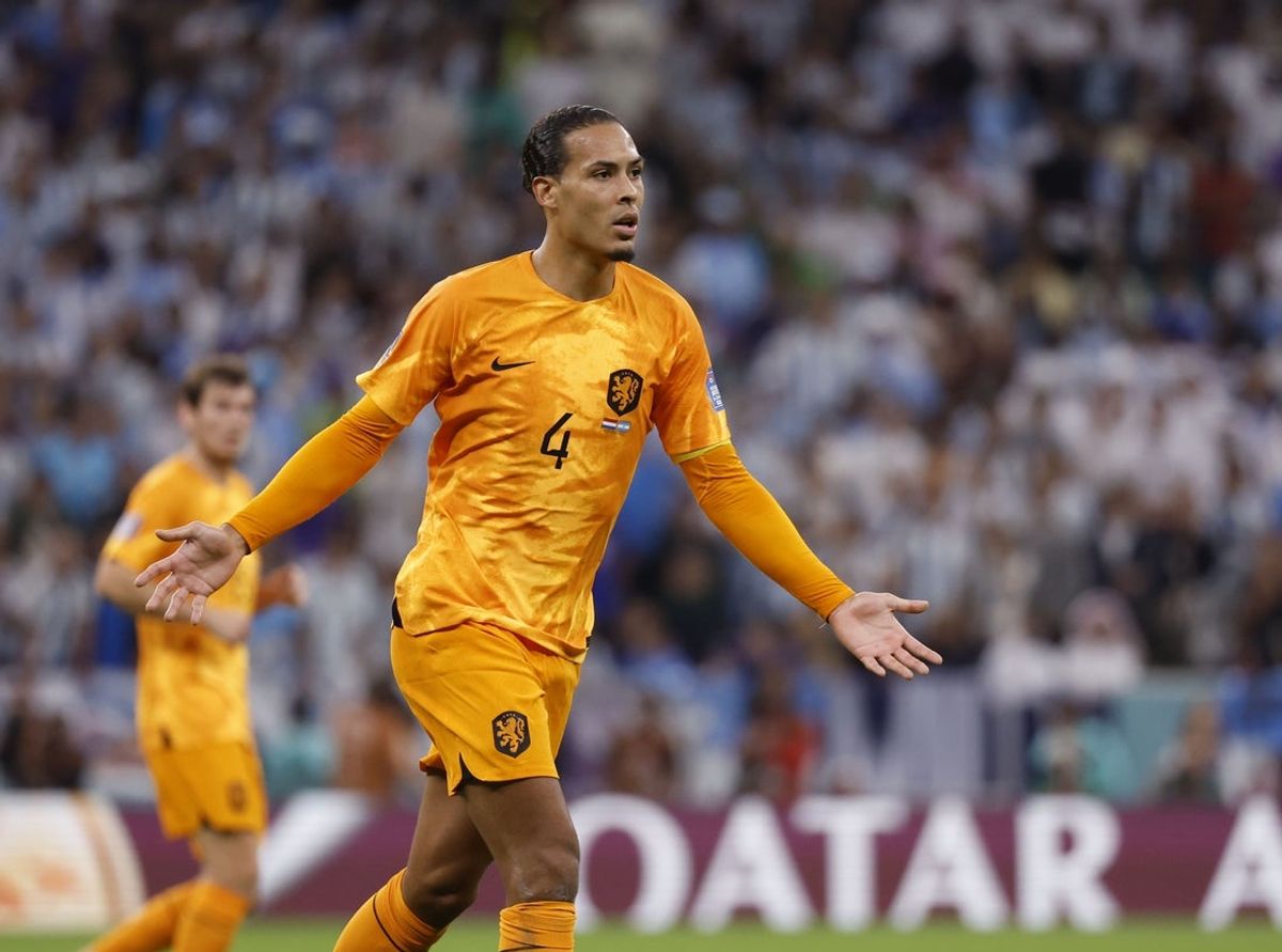 Dec 9, 2022; Lusail City, QATAR;  Netherlands defender Virgil van Dijk (4) reacts against Argentina in the quarterfinals of the 2022 FIFA World Cup at Lusail Stadium. Mandatory Credit: Yukihito Taguchi-Imagn Images