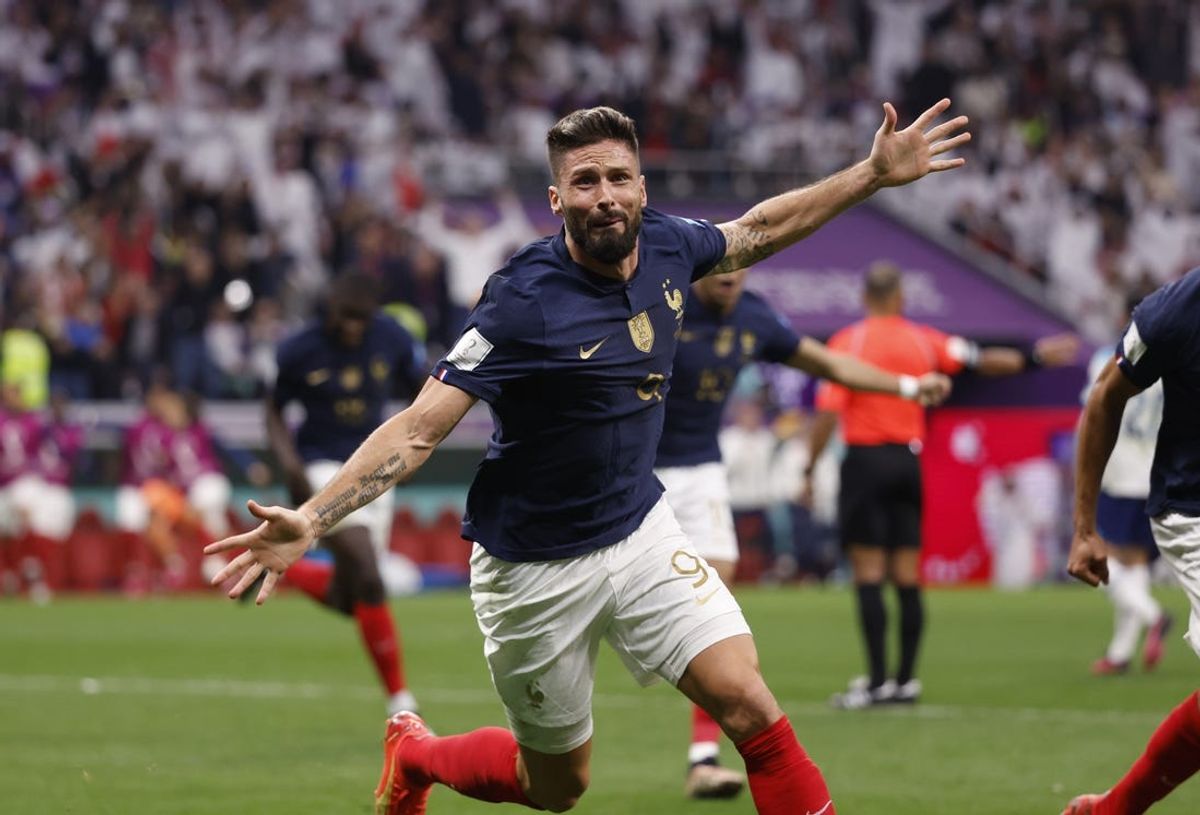 Dec 10, 2022; Al Khor, Qatar; France forward Olivier Giroud (9) celebrates after scoring during the second half of a quarterfinal game against England in the 2022 FIFA World Cup at Al-Bayt Stadium. Mandatory Credit: Yukihito Taguchi-USA TODAY Sports
