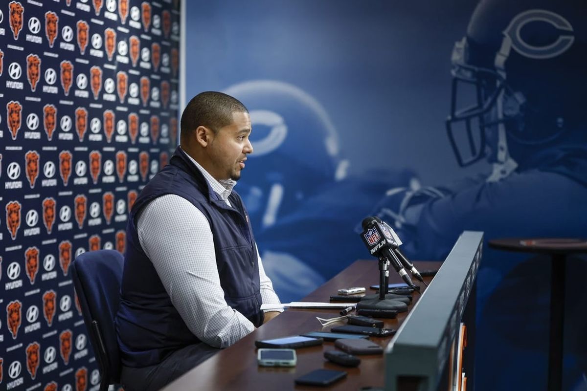 Bears general manager Ryan Poles speaks during a press conference at Halas Hall.