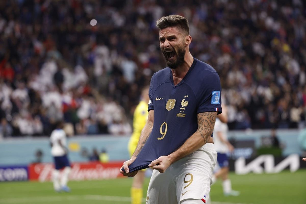 Dec 10, 2022; Al Khor, Qatar; France forward Olivier Giroud (9) celebrates after scoring during the second half of a quarterfinal game against England in the 2022 FIFA World Cup at Al-Bayt Stadium. Mandatory Credit: Yukihito Taguchi-USA TODAY Sports