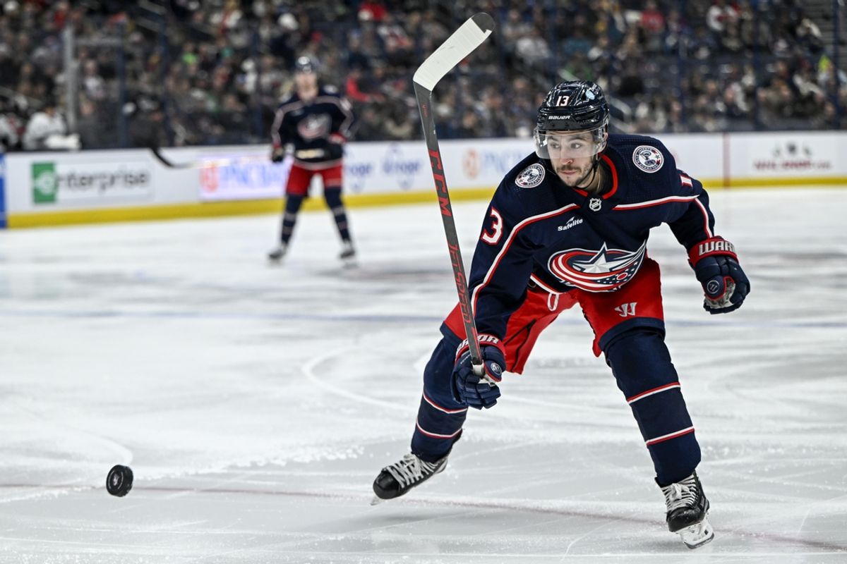 Dec 11, 2022; Columbus, Ohio, USA;  Columbus Blue Jackets left wing Johnny Gaudreau (13) chases the puck in the second period against the Los Angeles Kings at Nationwide Arena. Mandatory Credit: Gaelen Morse-Imagn Images