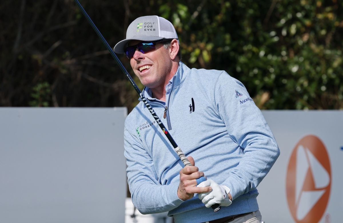 Dec 16, 2022; Orlando, Florida, USA; Justin Leonard hits his tee shot on the first tee during a pro-am round of the PNC Championship golf tournament at Ritz Carlton Golf Club Grande Lakes Orlando Course. Mandatory Credit: Reinhold Matay-Imagn Images