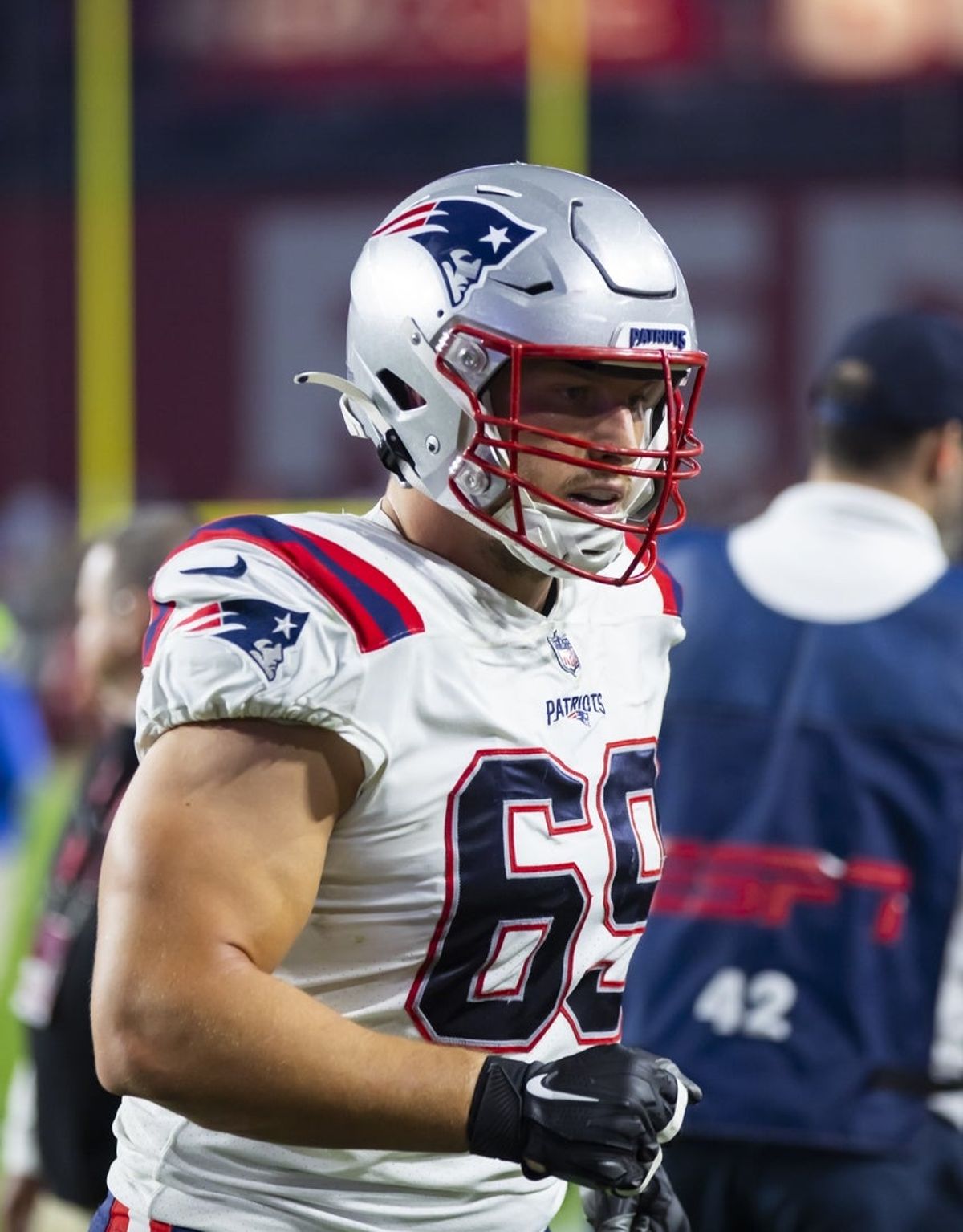 Dec 12, 2022; Glendale, Arizona, USA; New England Patriots guard Cole Strange (69) against the Arizona Cardinals at State Farm Stadium. Mandatory Credit: Mark J. Rebilas-Imagn Images