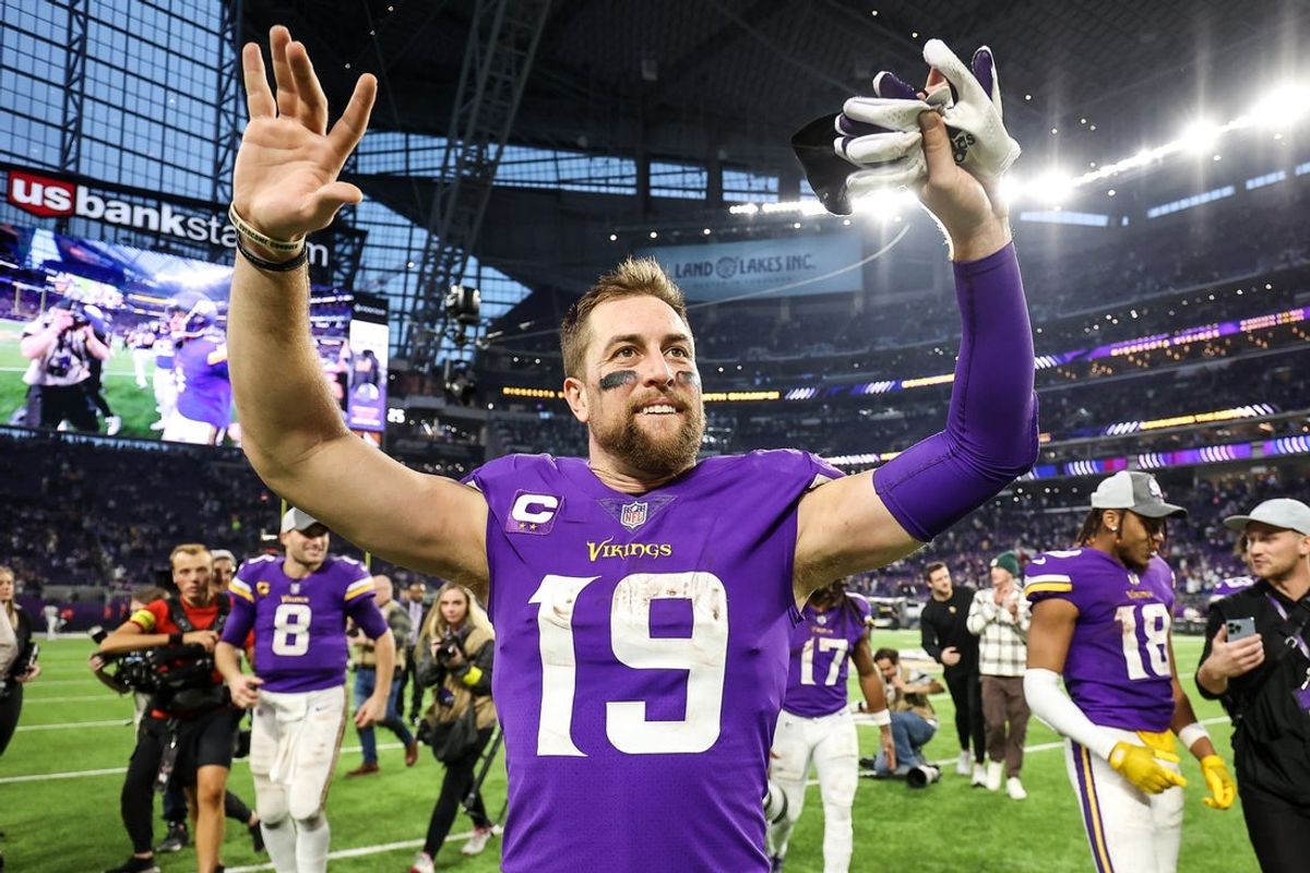 Dec 17, 2022; Minneapolis, Minnesota, USA; Minnesota Vikings wide receiver Adam Thielen (19) celebrates the win against the Indianapolis Colts after the game at U.S. Bank Stadium. With the win, the Minnesota Vikings clinched the NFC North. Mandatory Credit: Matt Krohn-Imagn Images