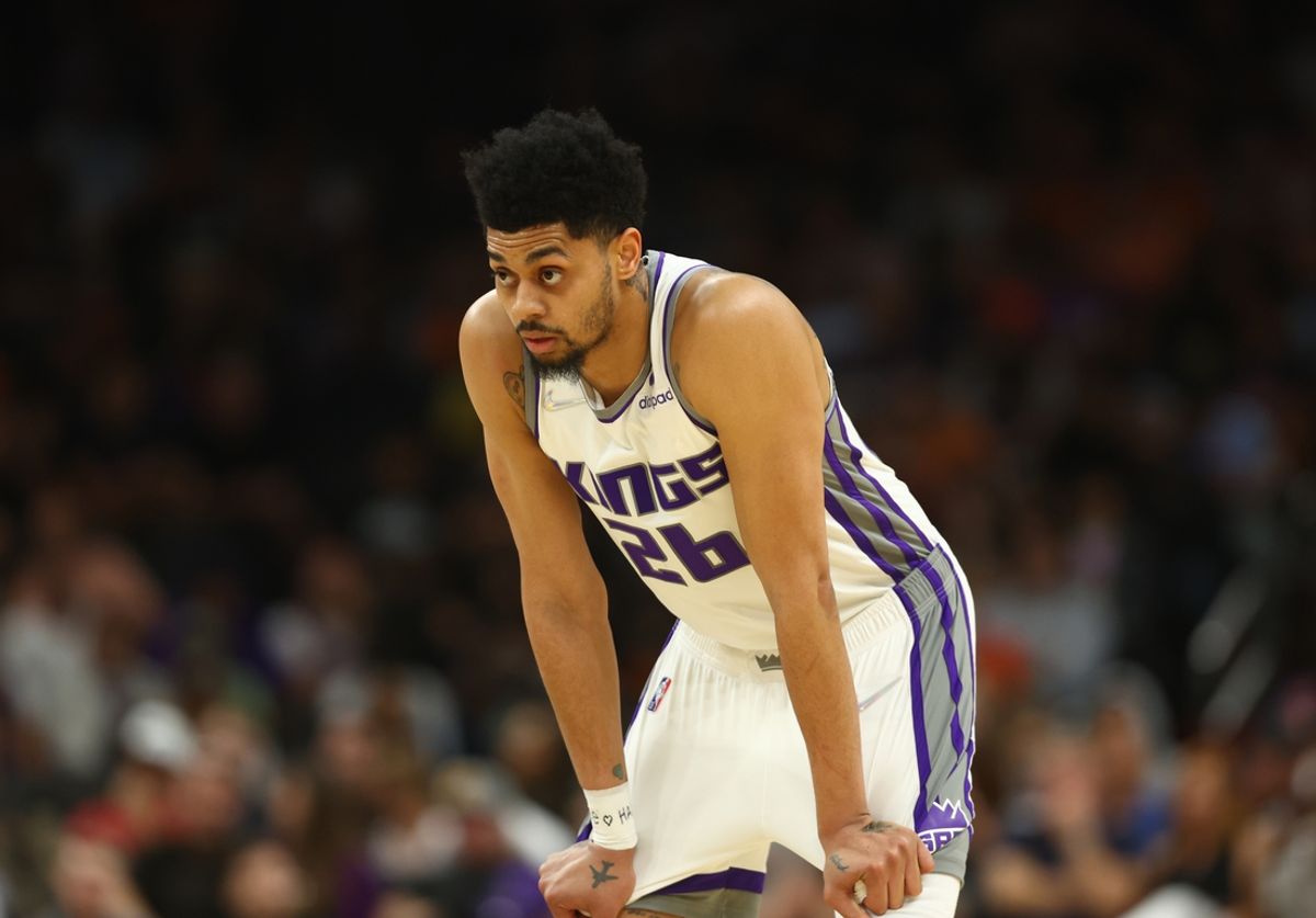 Apr 10, 2022; Phoenix, Arizona, USA; Sacramento Kings guard Jeremy Lamb (26) against the Phoenix Suns at Footprint Center. Mandatory Credit: Mark J. Rebilas-USA TODAY Sports