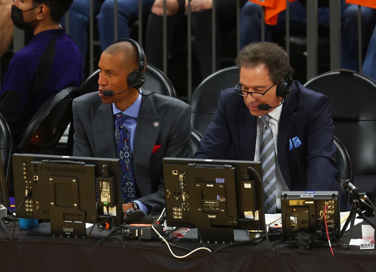 Apr 19, 2022; Phoenix, Arizona, USA; NBA on TNT television analyst Reggie Miller (left) and Kevin Harlan during the New Orleans Pelicans against the Phoenix Suns in game two of the first round for the 2022 NBA playoffs at Footprint Center. Mandatory Credit: Mark J. Rebilas-USA TODAY Sports