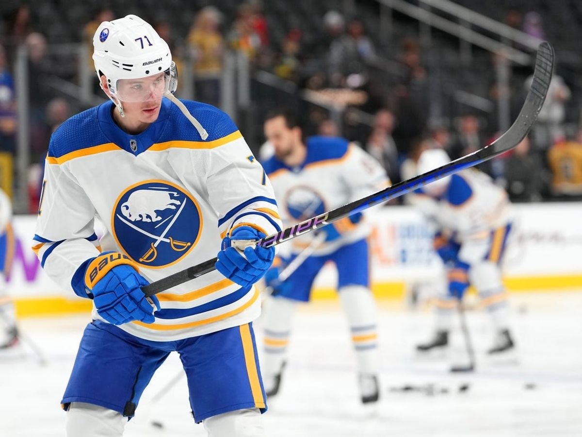 Dec 19, 2022; Las Vegas, Nevada, USA; Buffalo Sabres left wing Victor Olofsson (71) warms up before a game against the Vegas Golden Knights at T-Mobile Arena. Mandatory Credit: Stephen R. Sylvanie-USA TODAY Sports