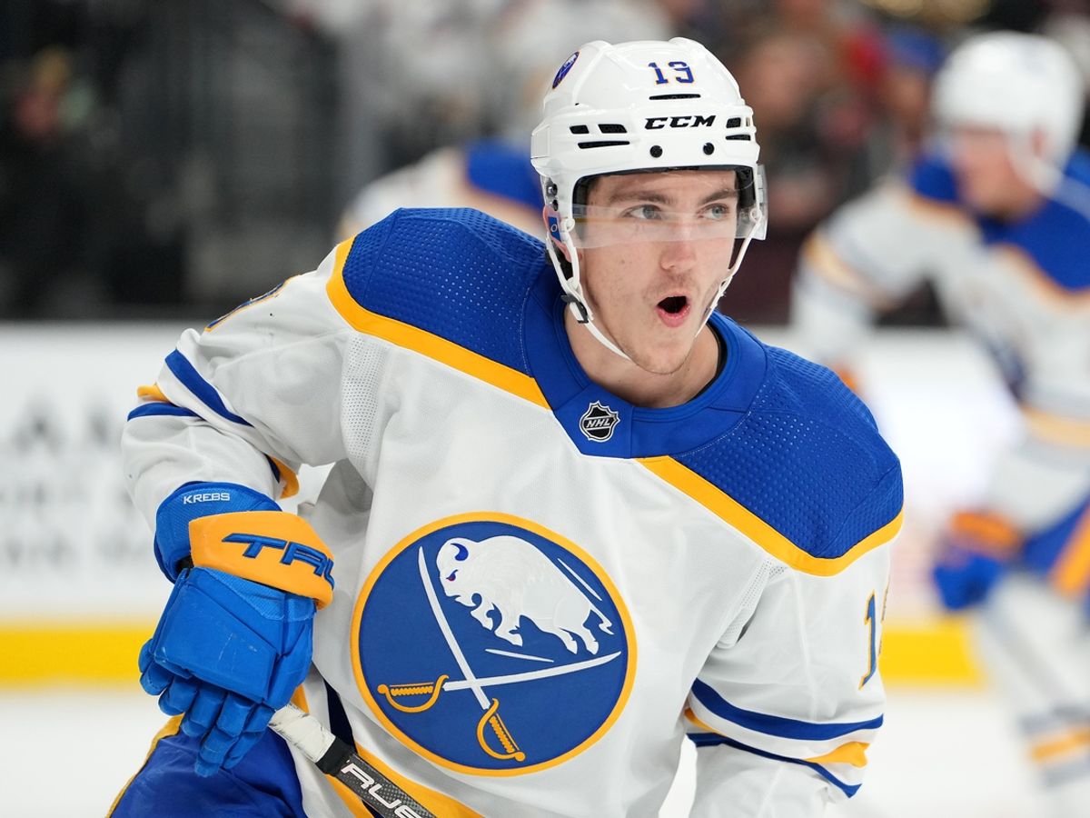 Dec 19, 2022; Las Vegas, Nevada, USA; Buffalo Sabres center Peyton Krebs (19) warms up before a game against the Vegas Golden Knights at T-Mobile Arena. Mandatory Credit: Stephen R. Sylvanie-Imagn Images