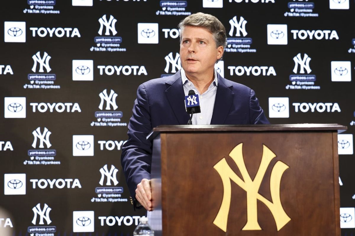 Dec 21, 2022; Bronx, New York, USA; Hal Steinbrenner during a press conference at Yankee Stadium. Mandatory Credit: Jessica Alcheh-Imagn Images