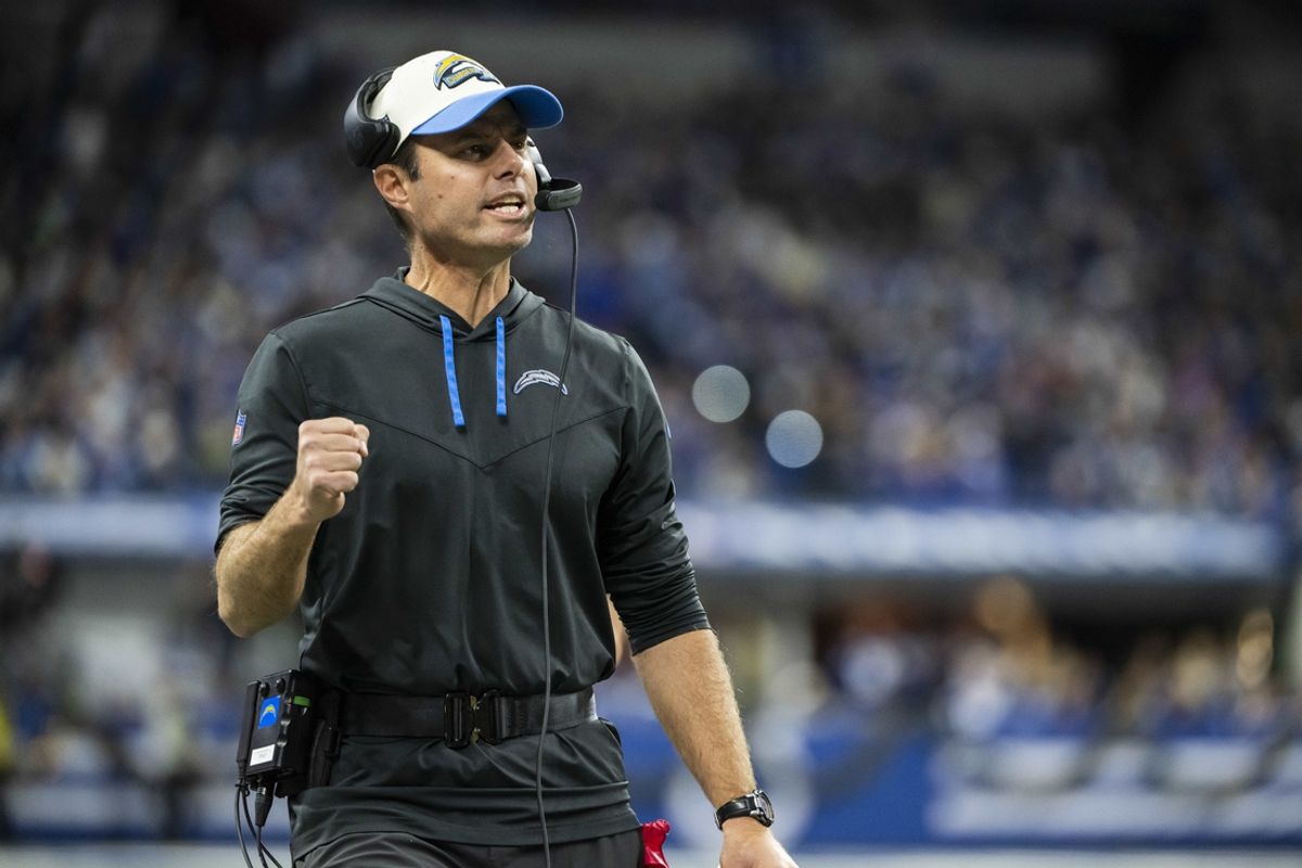 Dec 26, 2022; Indianapolis, Indiana, USA;  Los Angeles Chargers head coach Brandon Staley reacts during the second quarter against the Indianapolis Colts at Lucas Oil Stadium. Mandatory Credit: Marc Lebryk-Imagn Images