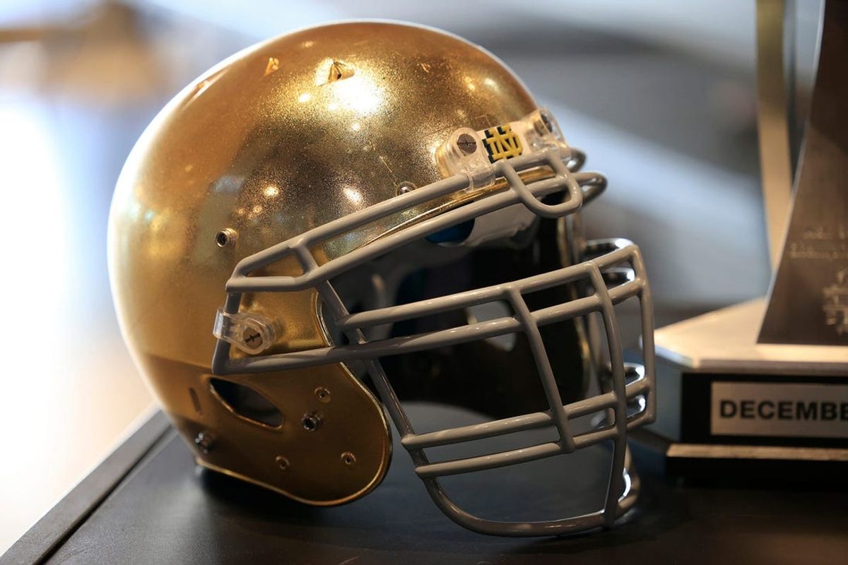 A Notre Dame Fighting Irish football helmet is shown during a media press conference Thursday, Dec. 29, 2022 at TIAA Bank Field in Jacksonville. Friday the Notre Dame Fighting Irish will take on host South Carolina Gamecocks in the TaxSlayer Gator Bowl. Players also met with teens and children battling a life-threatening illness, associated with the local wish-granting organization, \"Dreams Come True.\"

Jki 122922 Final Gator Bowl Pcs 38