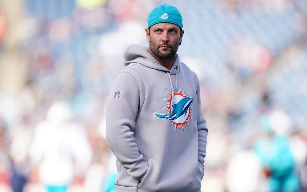 Jan 1, 2023; Foxborough, Massachusetts, USA; Miami Dolphins wide receivers coach and former New England Patriots player Wes Welker on the field for warm up before the start of the game against the New England Patriots at Gillette Stadium. Mandatory Credit: David Butler II-Imagn Images