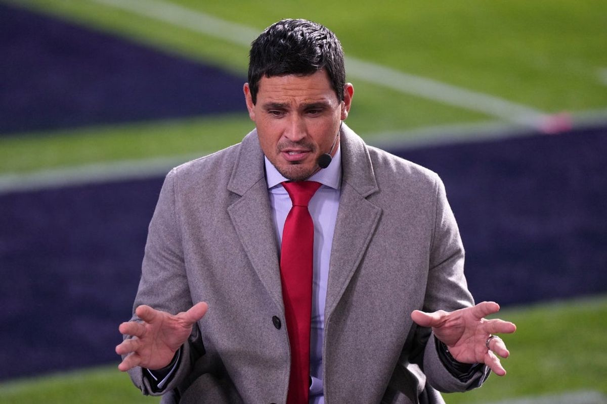 Jan 2, 2023; Pasadena, California, USA;  ESPN broadcaster Mark Sanchez before the game between the Penn State Nittany Lions and the Utah Utes at the 109th Rose Bowl game at the Rose Bowl. Mandatory Credit: Kirby Lee-Imagn Images