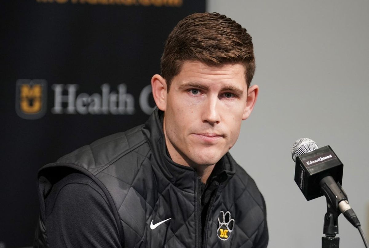 Jan 7, 2023; Columbia, Missouri, USA; Missouri Tigers football team new offensive coordinator/quarterbacks coach Kirby Moore answers questions from reporters before the basketball game against the Vanderbilt Commodores Mizzou Arena. Mandatory Credit: Denny Medley-Imagn Images
