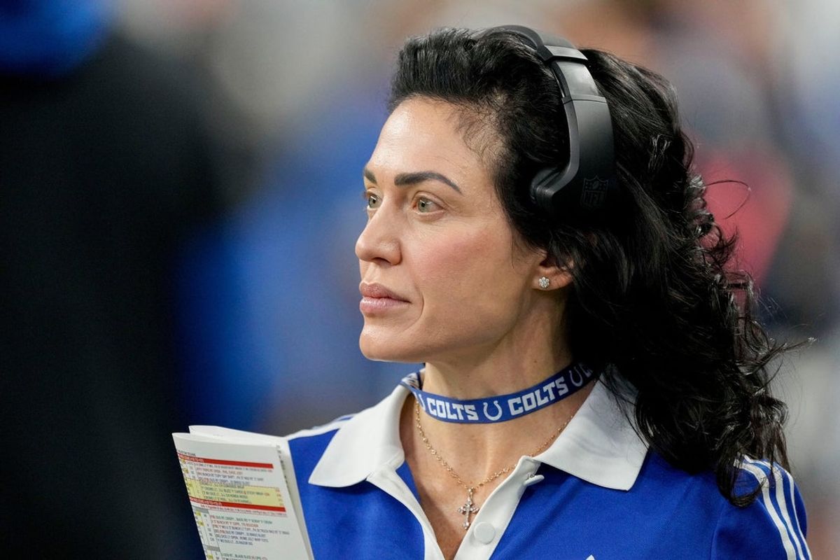 Indianapolis Colts vice chair/owner Carlie Irsay-Gordon walks the sideline Sunday, Jan. 8, 2023, during a game against the Houston Texans at Lucas Oil Stadium in Indianapolis.