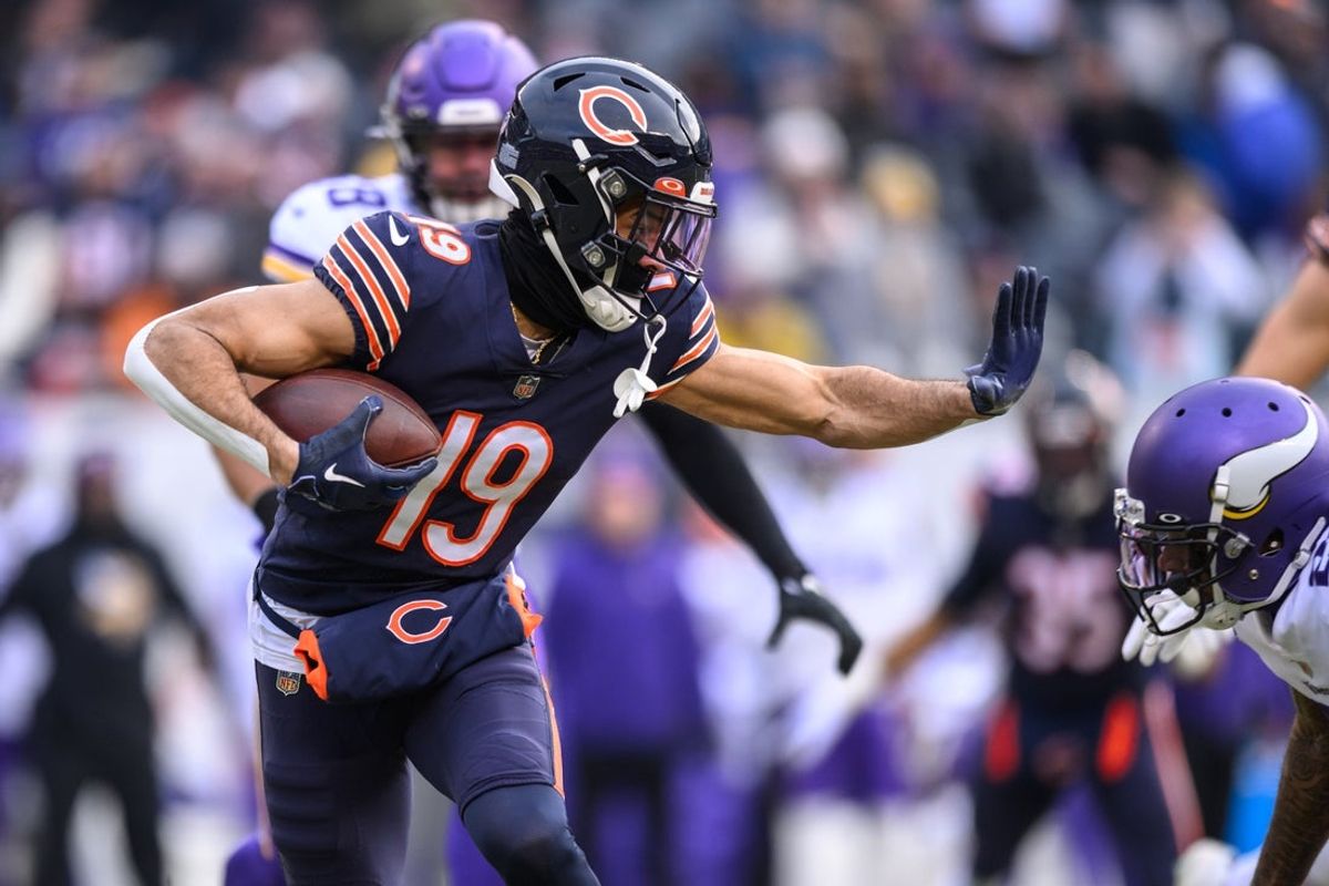 Jan 8, 2023; Chicago, Illinois, USA; Chicago Bears wide receiver Equanimeous St. Brown (19) runs after a catch during the first quarter against the Minnesota Vikings at Soldier Field. Mandatory Credit: Daniel Bartel-Imagn Images