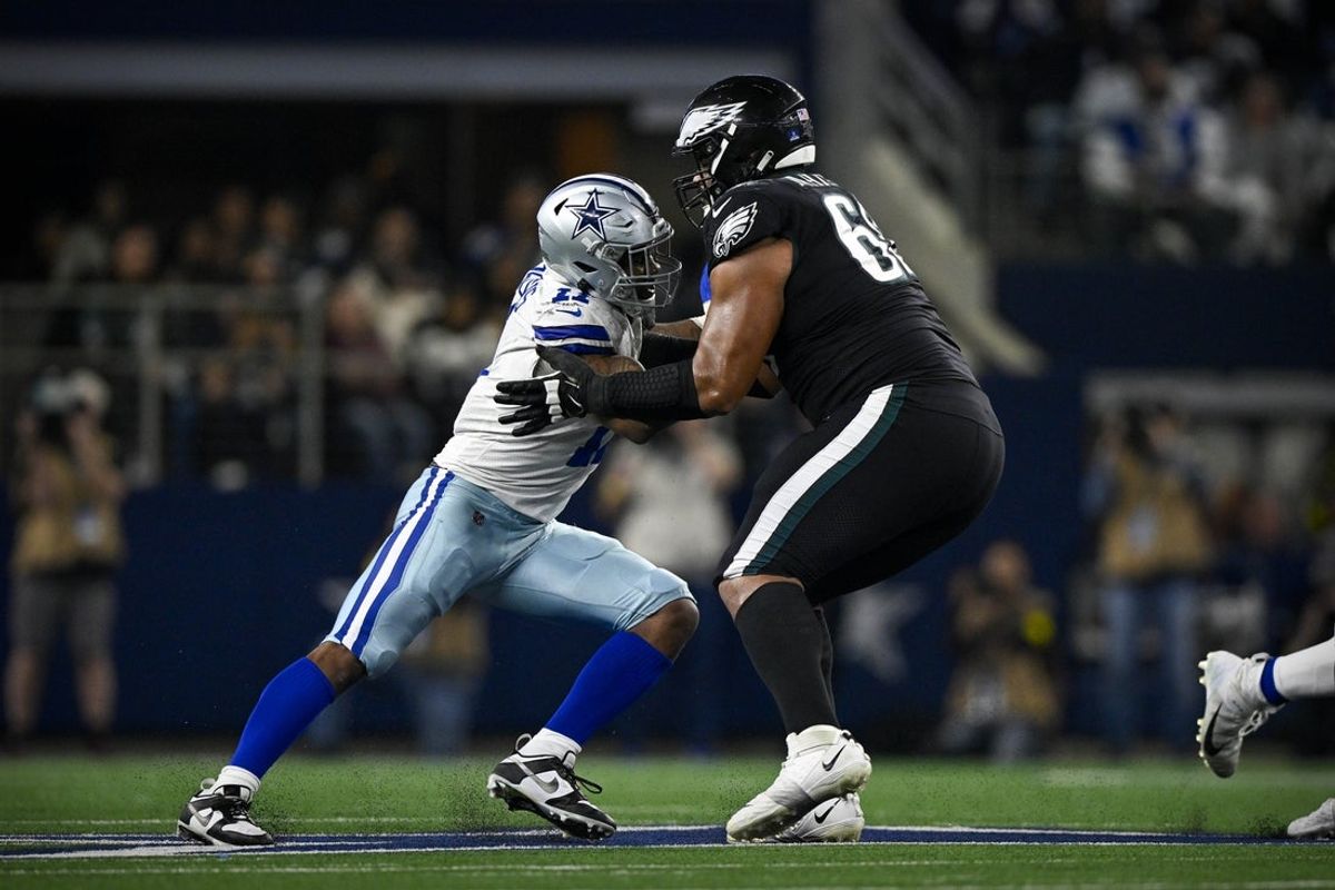 Dallas traded Micah Parsons one week before the Cowboys open the season on Thursday at Philadelphia, and Eagles offensive tackle Jordan Mailata (68) won't mind the change one bit. Mandatory Credit: Jerome Miron-Imagn Images