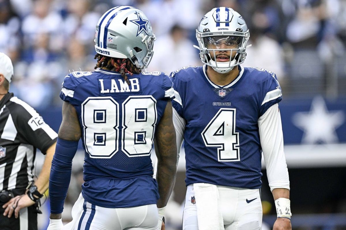 Oct 30, 2022; Arlington, Texas, USA; Dallas Cowboys quarterback Dak Prescott (4) and wide receiver CeeDee Lamb (88) during the game between the Dallas Cowboys and the Chicago Bears at AT&T Stadium. Mandatory Credit: Jerome Miron-Imagn Images