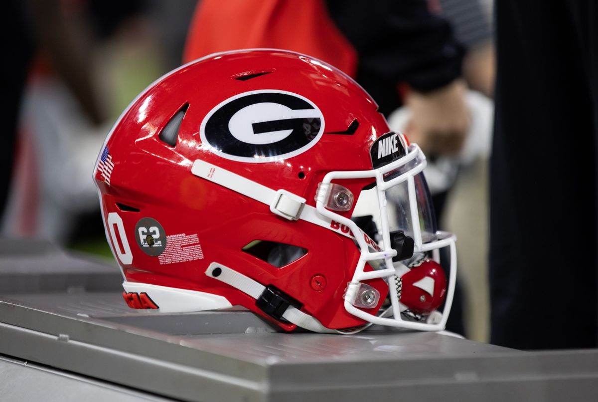 Jan 9, 2023; Inglewood, CA, USA; Detailed view of a Georgia Bulldogs helmet during the CFP national championship game at SoFi Stadium. Mandatory Credit: Mark J. Rebilas-Imagn Images