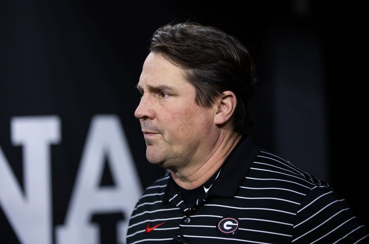 Jan 9, 2023; Inglewood, CA, USA; Georgia Bulldogs co-defensive coordinator Will Muschamp against the TCU Horned Frogs during the CFP national championship game at SoFi Stadium. Mandatory Credit: Mark J. Rebilas-Imagn Images