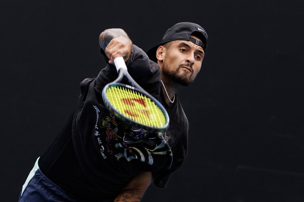 Jan 15, 2023; Melbourne, Victoria, Australia; Nick Kyrgios of Australia hits a shot during a practice session on court 16 at Melbourne Park. Mandatory Credit: Mike Frey-Imagn Images