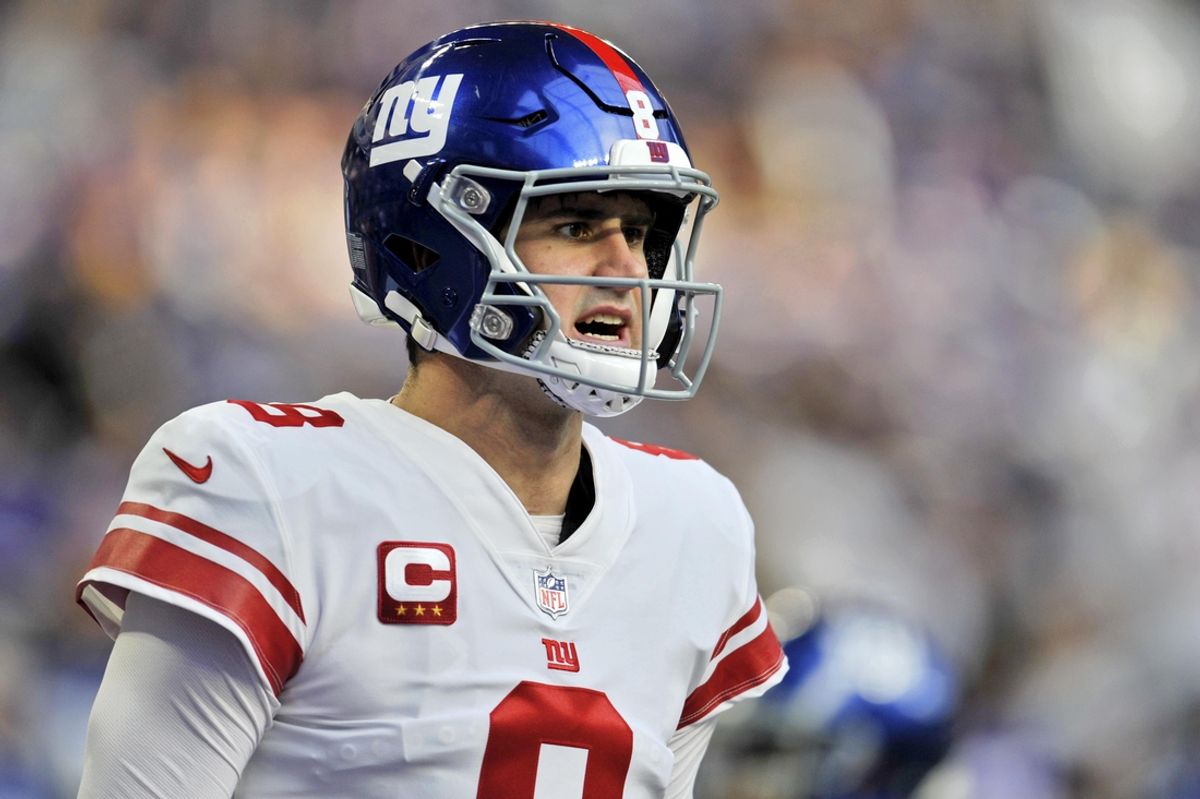 Jan 15, 2023; Minneapolis, Minnesota, USA; New York Giants quarterback Daniel Jones (8) during warmups before a wild card game against the Minnesota Vikings at U.S. Bank Stadium. Mandatory Credit: Jeffrey Becker-Imagn Images