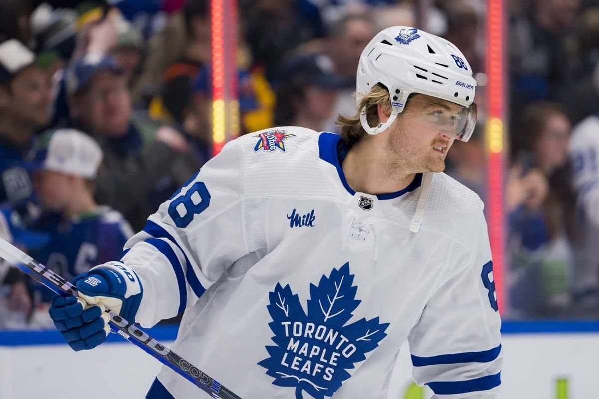 Jan 20, 2024; Vancouver, British Columbia, CAN; Toronto Maple Leafs forward William Nylander (88) skates during warm up prior to a game against the Vancouver Canucks at Rogers Arena.