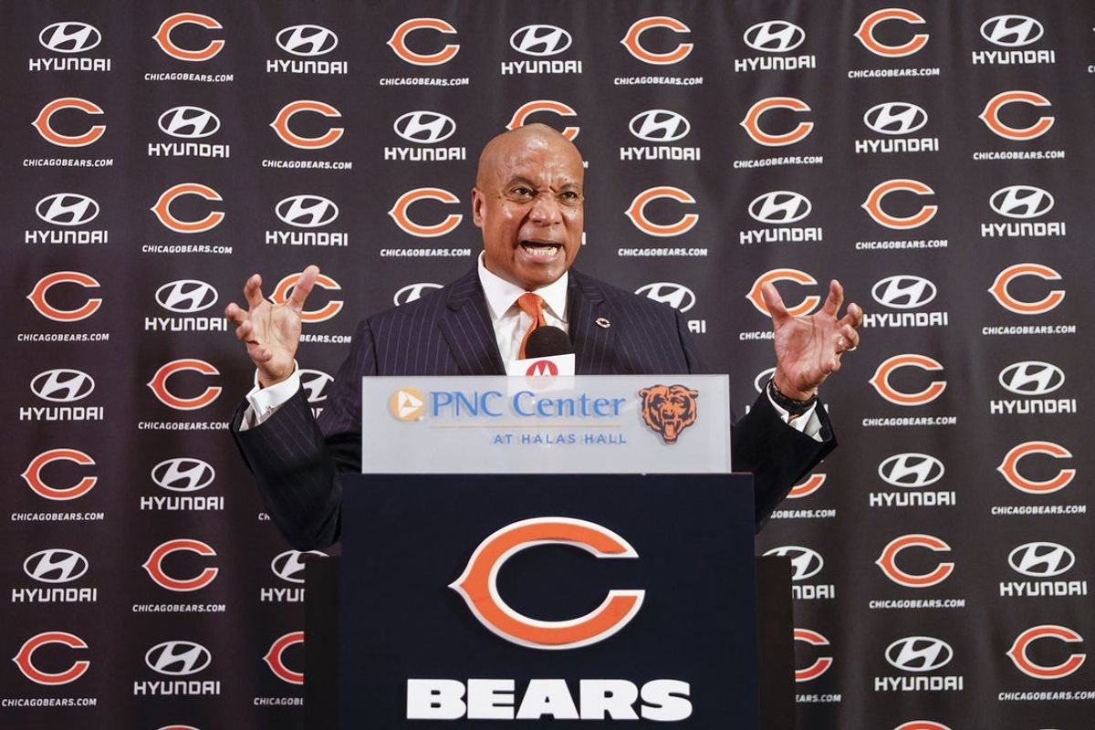 Jan 17, 2023; Chicago, Illinois, US; New Chicago Bears President and CEO Kevin Warren speaks during the press conference at Halas Hall. Mandatory Credit: Kamil Krzaczynski-Imagn Images