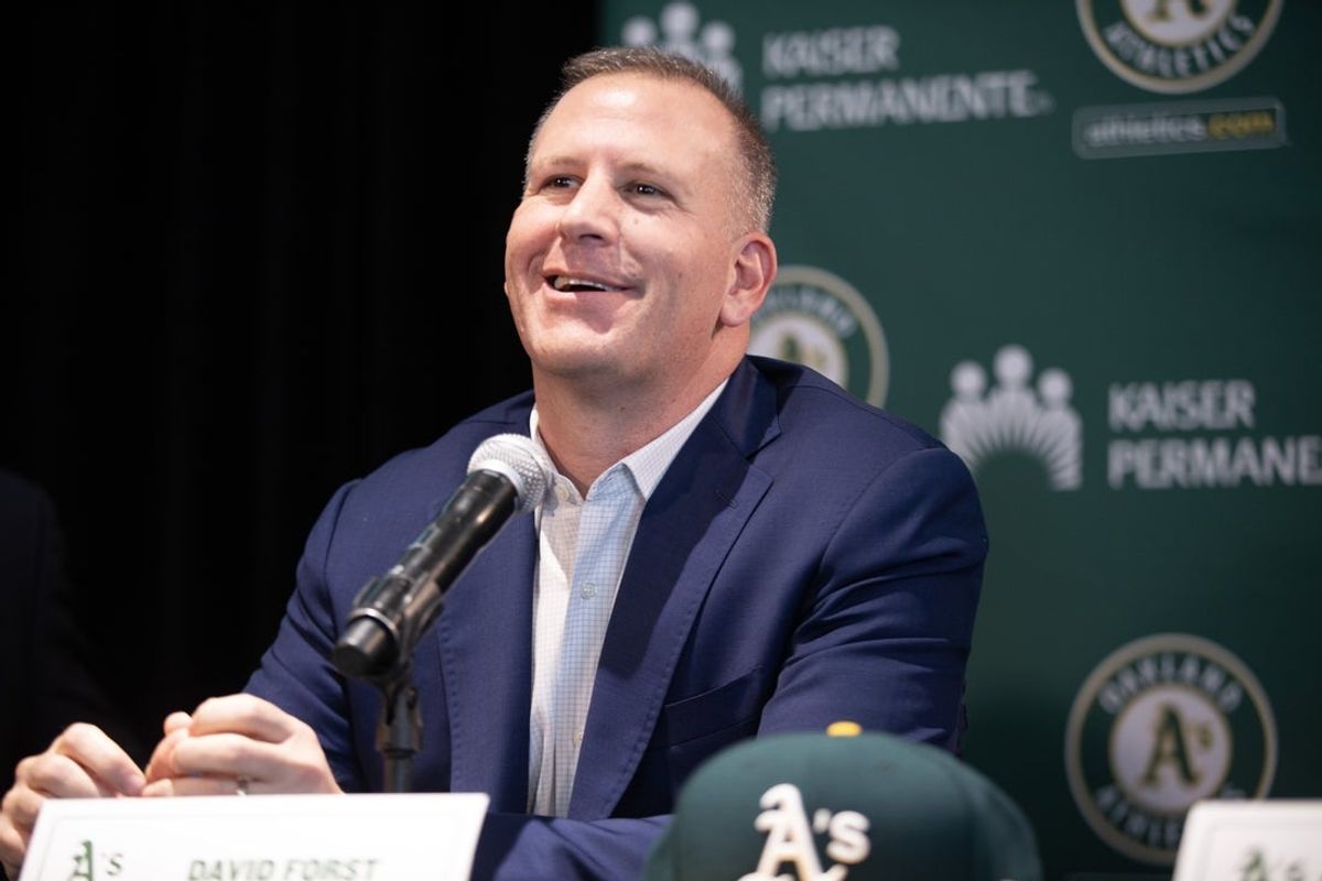 Jan 17, 2023; Oakland, CA, USA; Oakland Athletics general manager David Forst answers questions from the media as newly signed pitcher Shintaro Fujinami is introduced by the team at a press conference. Mandatory Credit: D. Ross Cameron-Imagn Images