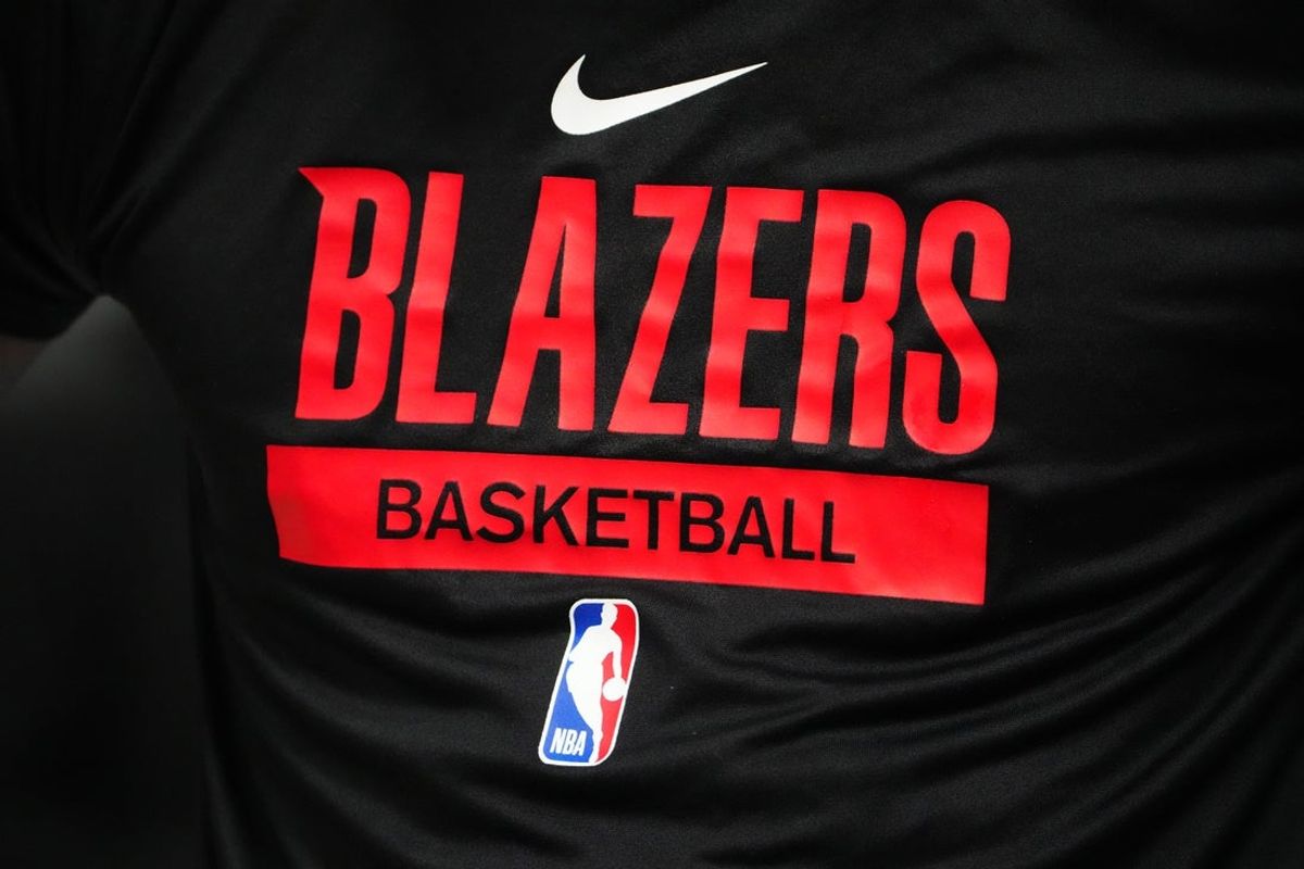 Jan 17, 2023; Denver, Colorado, USA; Detailed view of a Portland Trail Blazers logo warmup jersey before the game against the Denver Nuggets at Ball Arena. Mandatory Credit: Ron Chenoy-Imagn Images