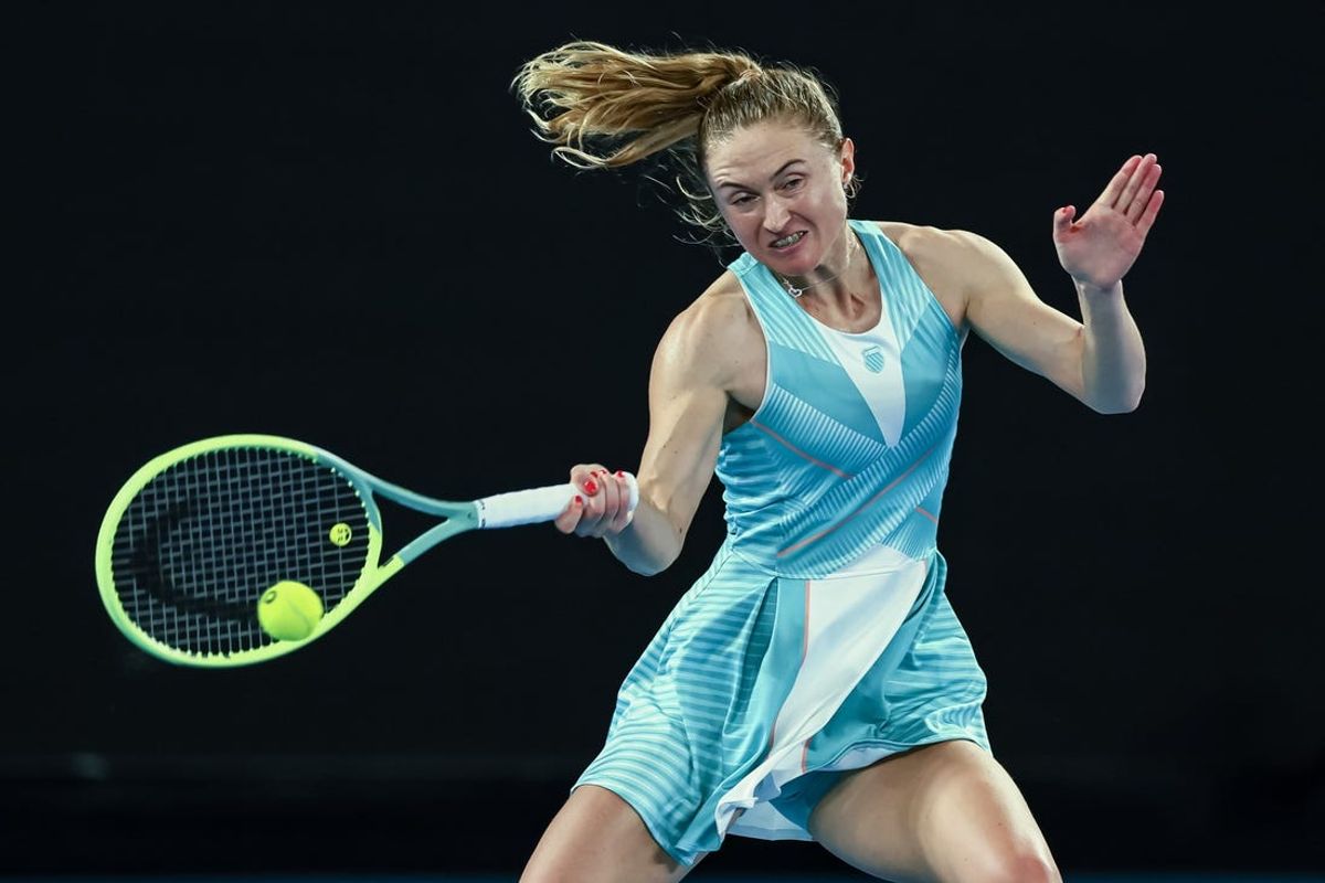 Jan 18, 2023; Melbourne, Victoria, Australia; Aliaksandra Sasnovich during her second round match against Jessica Pegula on day three of the 2023 Australian Open tennis tournament at Melbourne Park. Mandatory Credit: Mike Frey-USA TODAY Sports