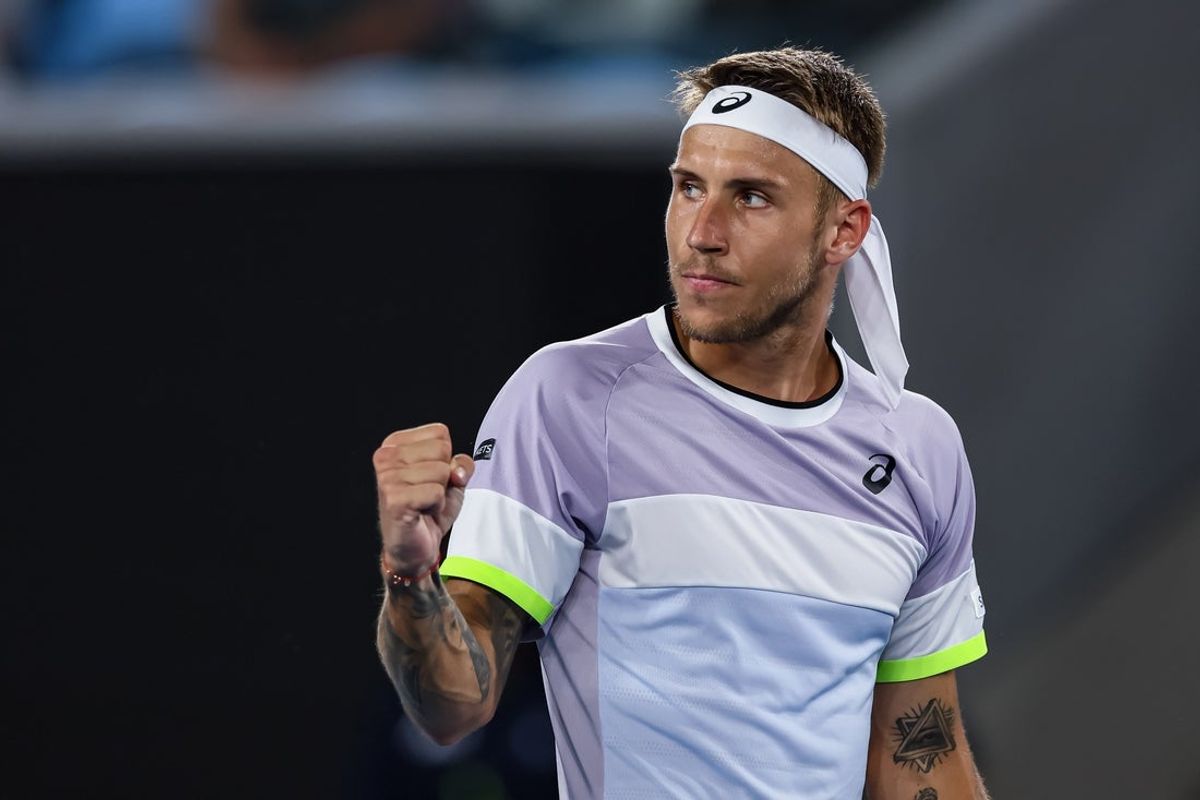Jan 18, 2023; Melbourne, Victoria, Australia; Alex Molcan during his second round match against Felix Auger-Aliassime on day three of the 2023 Australian Open tennis tournament at Melbourne Park. Mandatory Credit: Mike Frey-Imagn Images