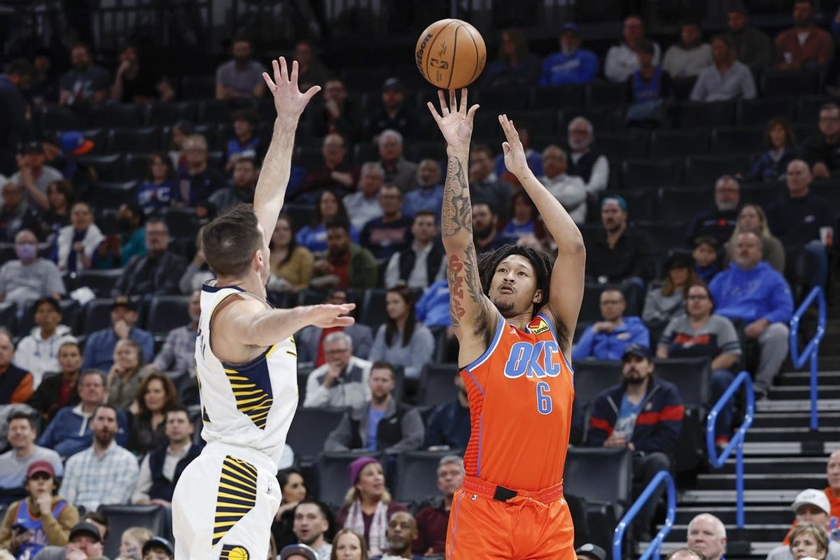 Jan 18, 2023; Oklahoma City, Oklahoma, USA; Oklahoma City Thunder forward Jaylin Williams (6) shoots against Indiana Pacers guard T.J. McConnell (9) during the first quarter at Paycom Center. Mandatory Credit: Alonzo Adams-Imagn Images