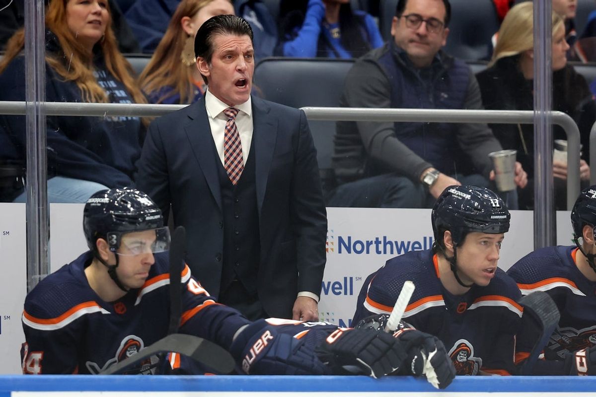 Jan 21, 2023; Elmont, New York, USA; New York Islanders head coach Lane Lambert coaches against the Carolina Hurricanes during the first period at UBS Arena. Mandatory Credit: Brad Penner-USA TODAY Sports