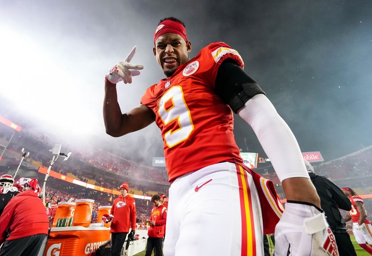 Jan 21, 2023; Kansas City, Missouri, USA; Kansas City Chiefs wide receiver JuJu Smith-Schuster (9) celebrates after defeating the Jacksonville Jaguars in an AFC divisional round game at GEHA Field at Arrowhead Stadium. Mandatory Credit: Jay Biggerstaff-USA TODAY Sports