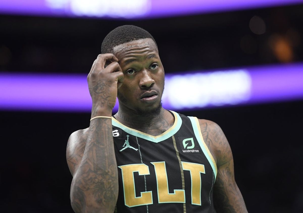 Jan 26, 2023; Charlotte, North Carolina, USA; Charlotte Hornets guard Terry Rozier (3) reacts after being called on a foul during the second half against the Chicago Bulls at the Spectrum Center. Mandatory Credit: Sam Sharpe-Imagn Images
