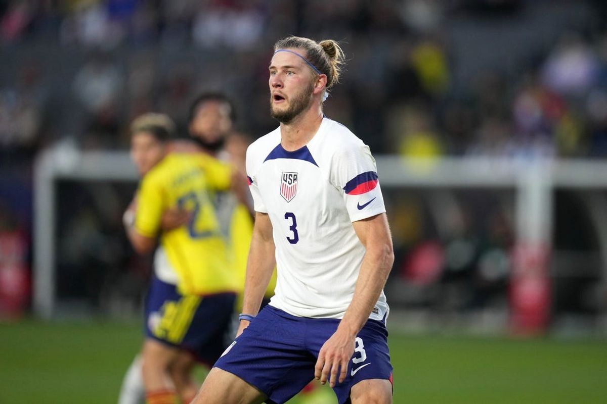 Jan 28, 2023; Carson, California, USA; USMNT defender Walker Zimmerman (3) in the second half against Columbia  at Dignity Health Sports Park. The teams played to a 0-0 tie. Mandatory Credit: Kirby Lee-USA TODAY Sports