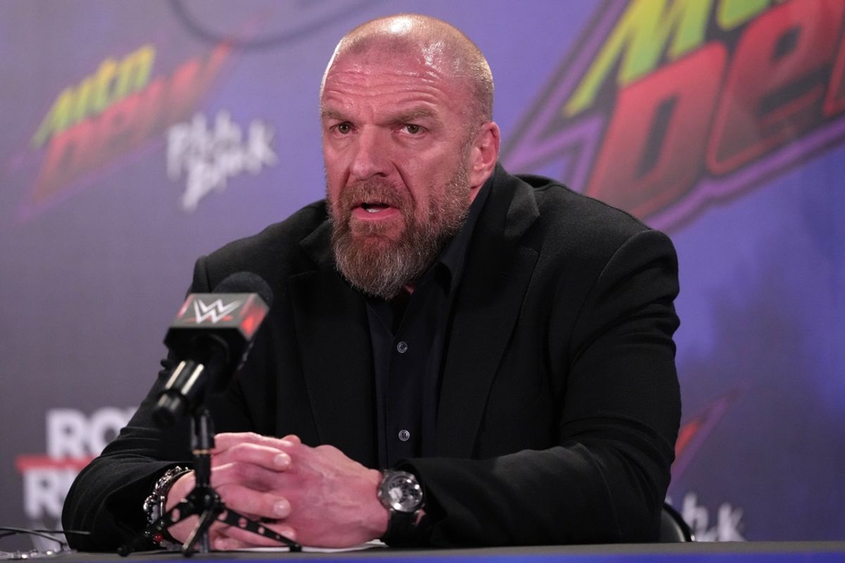 Jan 28, 2023; San Antonio, TX, USA; WWE Chief Content Officer Paul Levesque aka Triple H speaks during a press conference after the WWE Royal Rumble at the Alamodome. Mandatory Credit: Joe Camporeale-Imagn Images
