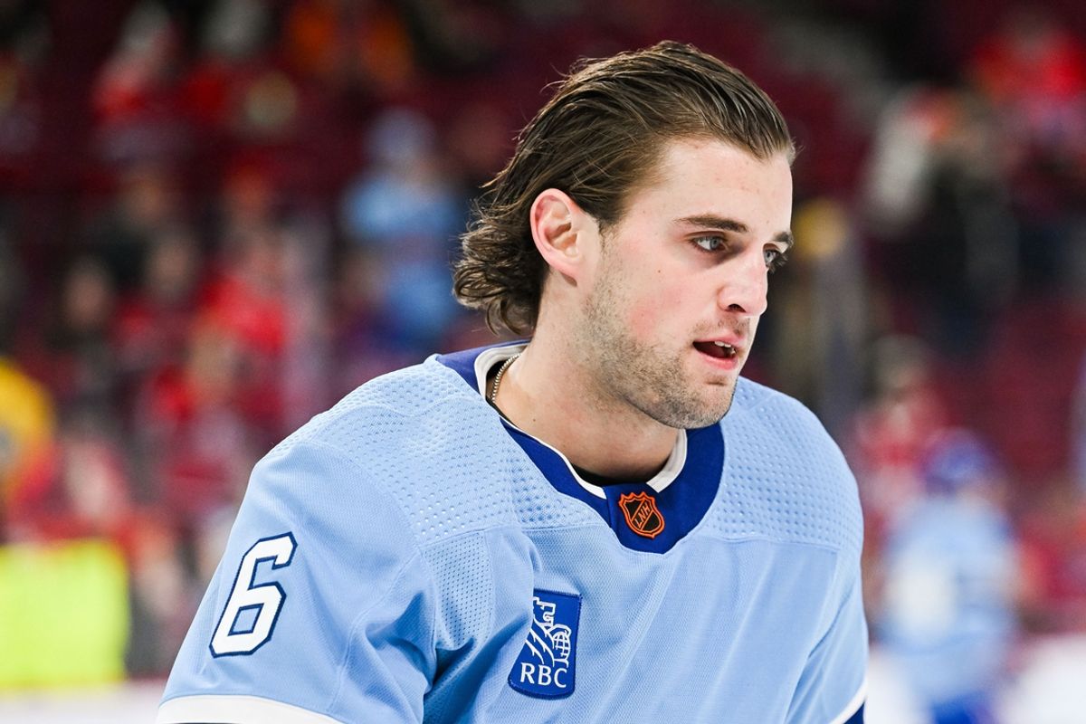 Jan 26, 2023; Montreal, Quebec, CAN; Montreal Canadiens defenseman Chris Wideman (6) during warm-up before the game against the Detroit Red Wings at Bell Centre. Mandatory Credit: David Kirouac-Imagn Images