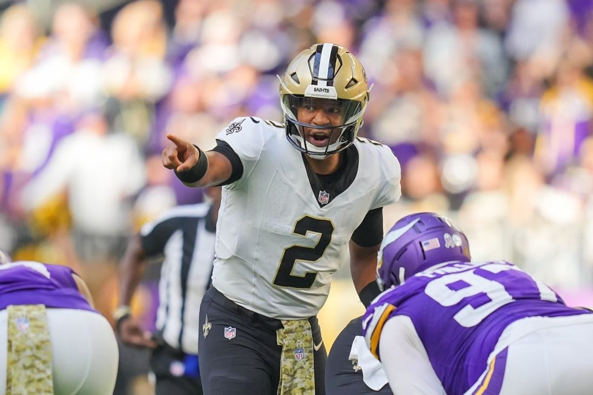 Nov 12, 2023; Minneapolis, Minnesota, USA; New Orleans Saints quarterback Jameis Winston (2) against the Minnesota Vikings in the third quarter at U.S. Bank Stadium.