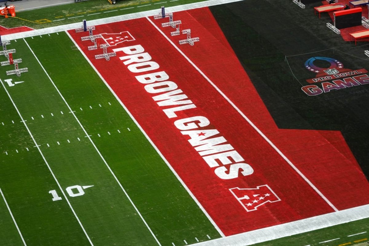Feb 3, 2023; Las Vegas, NV, USA; The Pro Bowl Games and AFC logos in the end zone of the flag football field at Allegiant Stadium. Mandatory Credit: Kirby Lee-Imagn Images