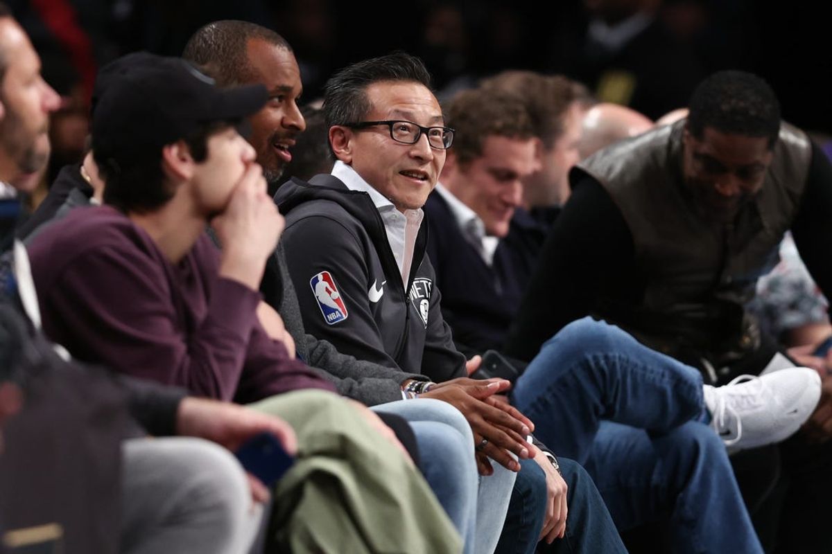 Feb 7, 2023; Brooklyn, New York, USA; Brooklyn Nets owner Joe Tsai looks on during the first half of the game between the Nets and the Phoenix Suns at Barclays Center. Mandatory Credit: Vincent Carchietta-USA TODAY Sports