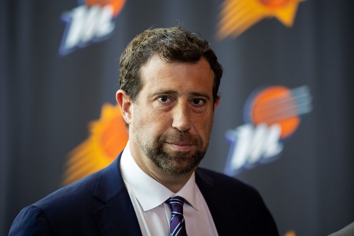 Feb 8, 2023; Phoenix, AZ, USA; Phoenix Suns minority owner Justin Ishbia speaks to the media during an introductory press conference at Footprint Center. Mandatory Credit: Mark J. Rebilas-Imagn Images