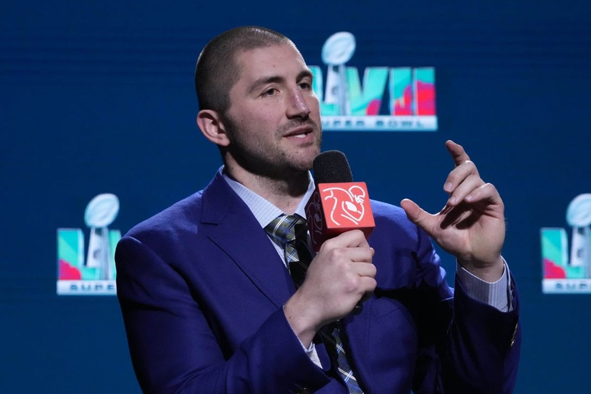 Feb 8, 2023; Phoenix, AZ, USA; NFL Players Association president JC Tretter during the NFLPA press conference at the Phoenix Convention Center. Mandatory Credit: Kirby Lee-Imagn Images