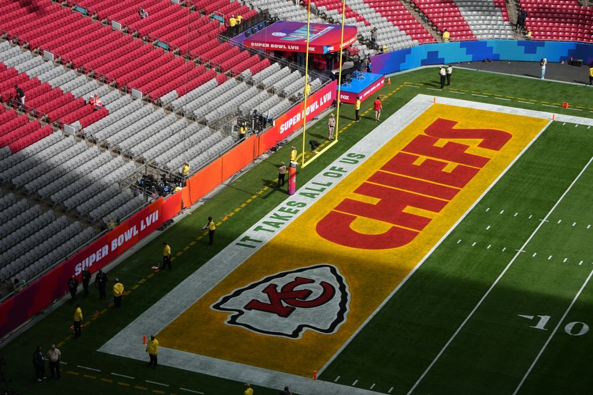 Feb 12, 2023; Glendale, AZ, USA; A general view of the Kansas City Chiefs logo in the end zone before Super Bowl LVII against the Philadelphia Eagles at State Farm Stadium. Mandatory Credit: Kirby Lee-USA TODAY Sports