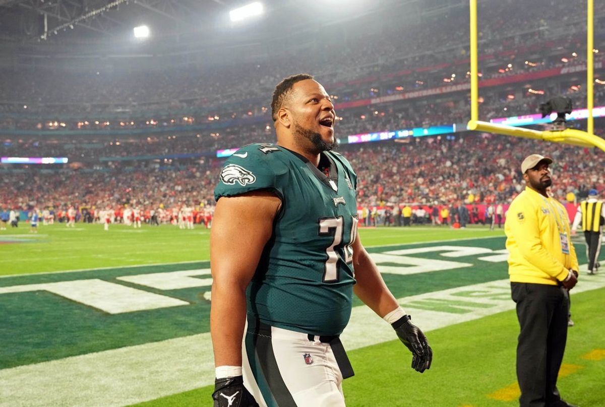Feb 12, 2023; Glendale, Arizona, US; Philadelphia Eagles defensive tackle Ndamukong Suh (74) smiles to the crowd before the start of the third quarter of Super Bowl LVII at State Farm Stadium. Mandatory Credit: Kirby Lee-Imagn Images